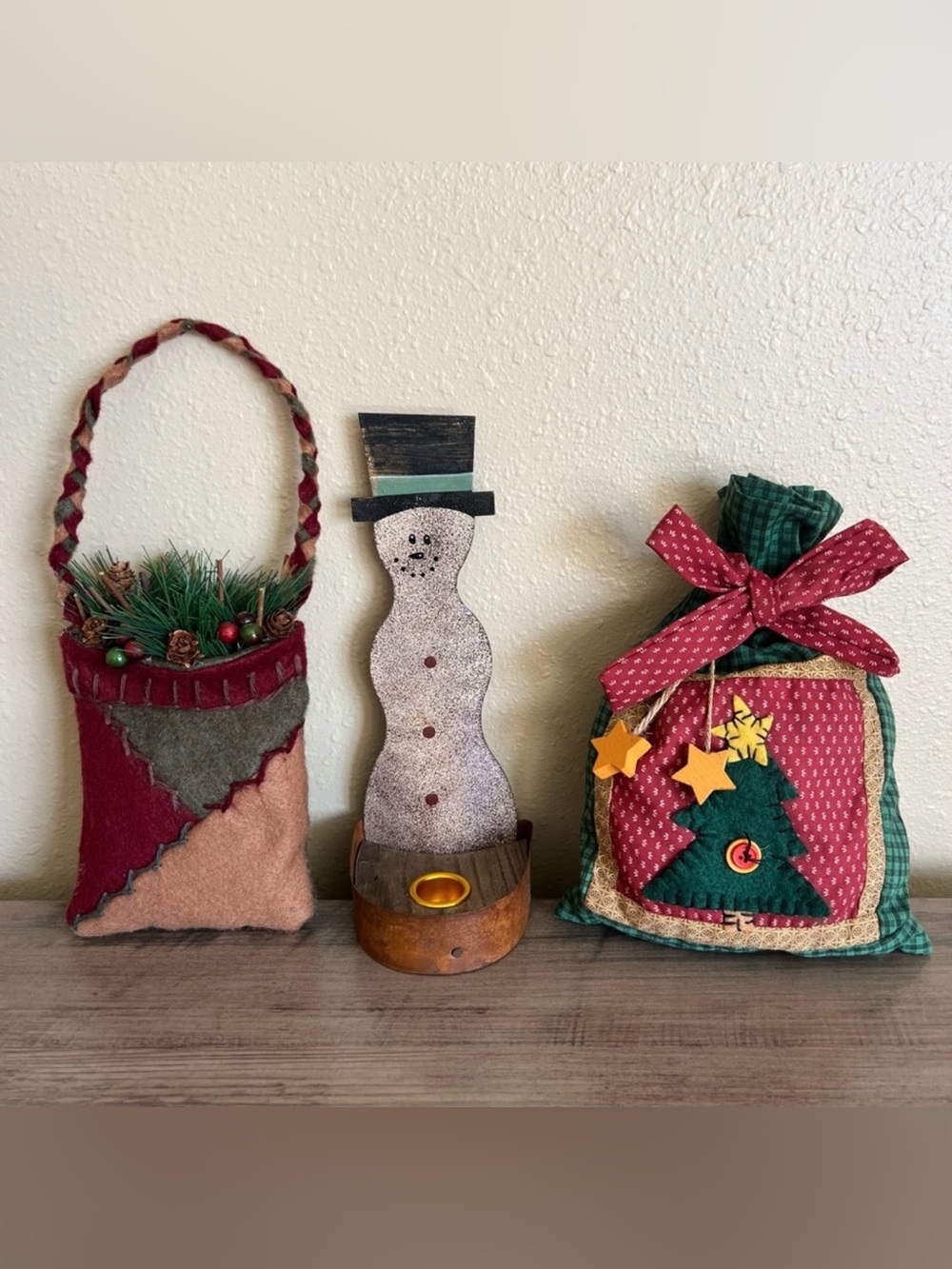 Primitive Christmas Home Decor Lot Of 3 Country Candlestick Holder Sack